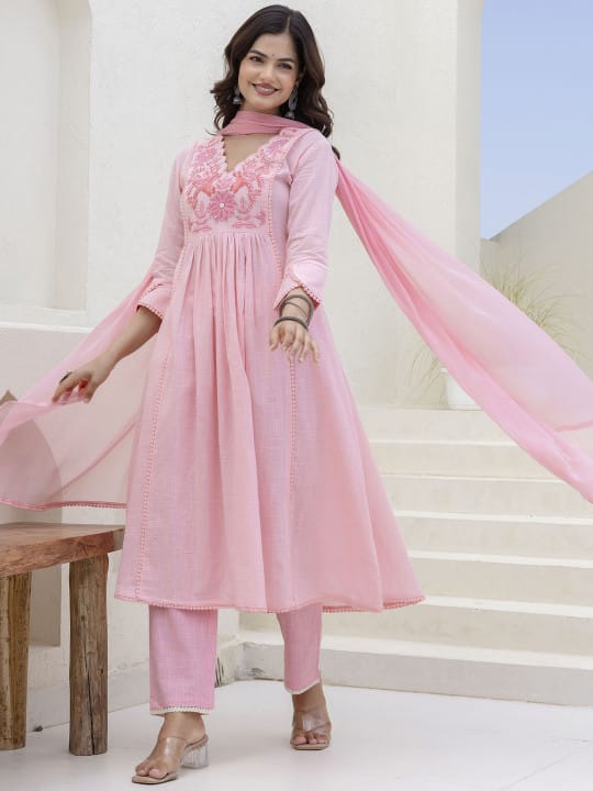 Floral Yoke Cotton Slub Kurta Pant Set with Dupatta