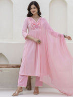 Floral Yoke Cotton Slub Kurta Pant Set with Dupatta