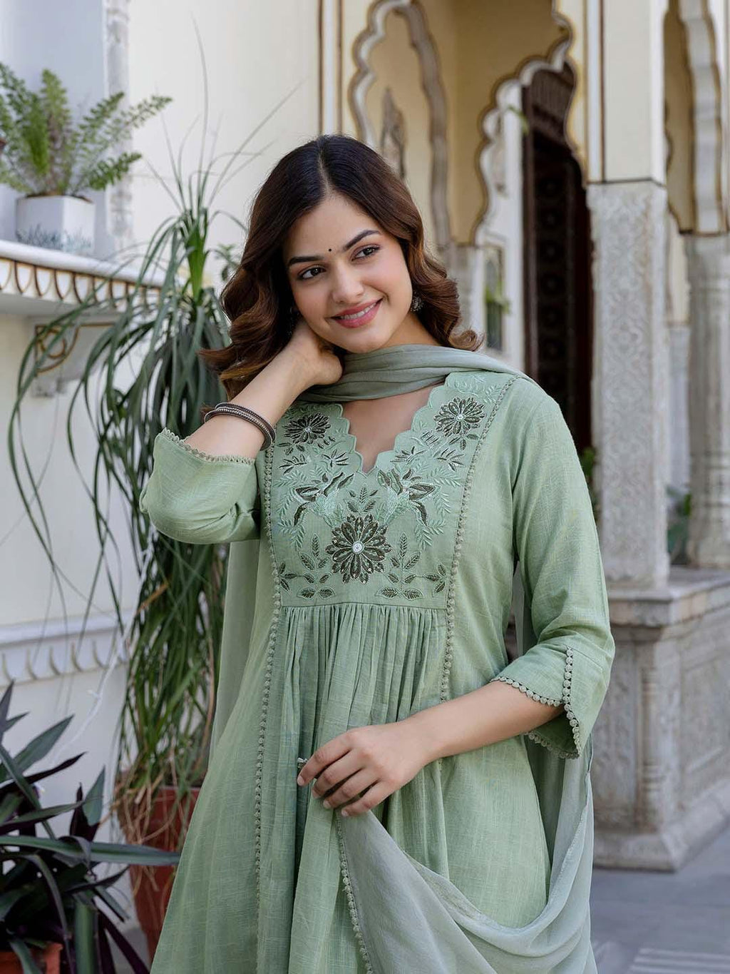 Floral Yoke Cotton Slub Kurta Pant Set with Dupatta