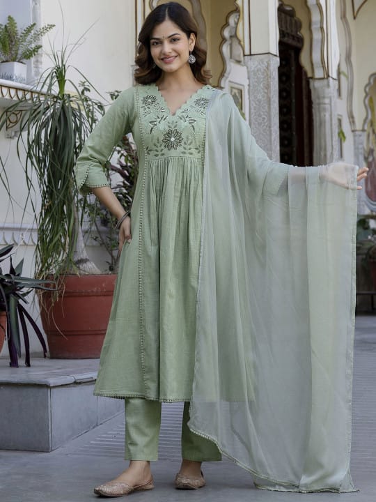 Floral Yoke Cotton Slub Kurta Pant Set with Dupatta
