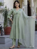 Floral Yoke Cotton Slub Kurta Pant Set with Dupatta