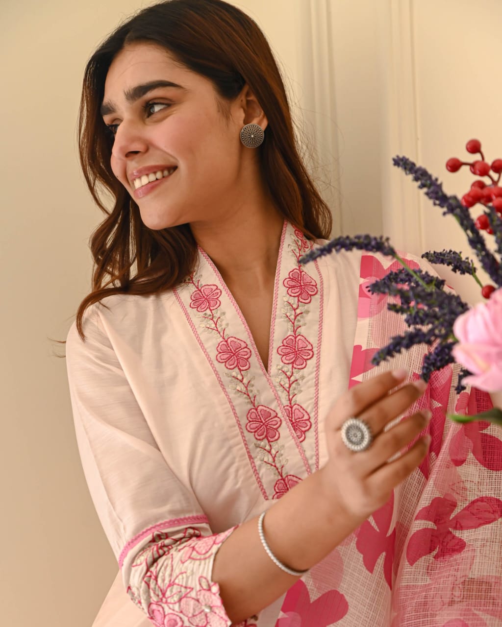 Blush Bloom Cotton Flex Embroidered Kurta Set with Kota Doriya Dupatta