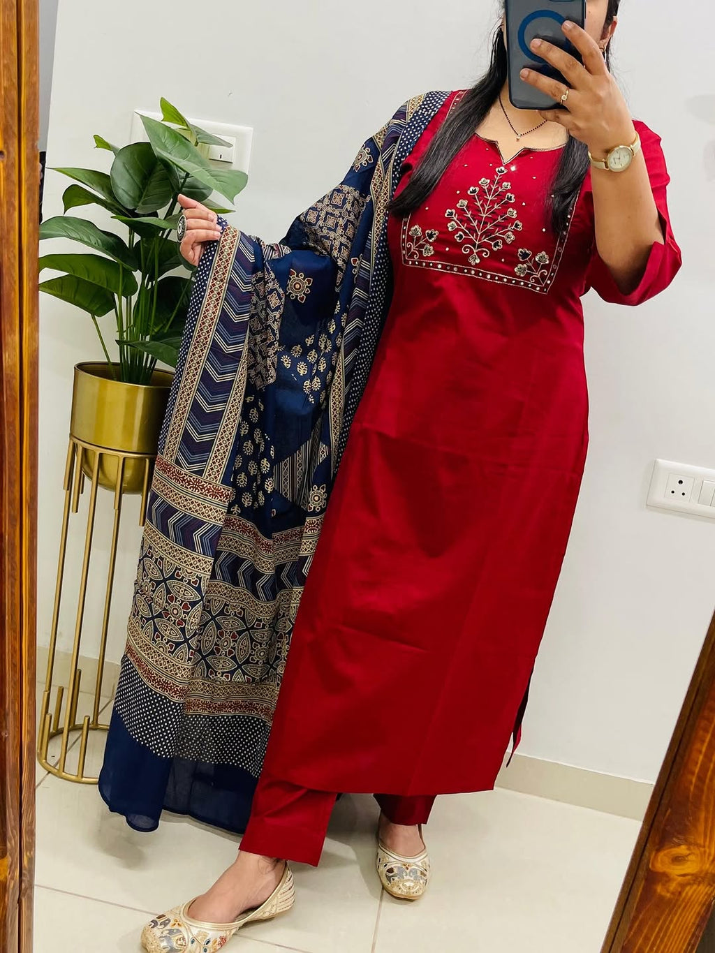 Ruby Noor Heavy Cotton Embroidered Kurta Set with Dupatta