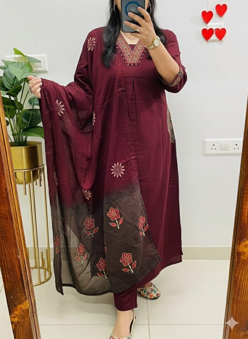 NRI Maroon V-Neck Handcrafted Cotton Kurti Set with Dupatta