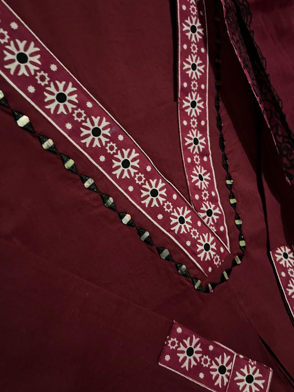 NRI Maroon V-Neck Handcrafted Cotton Kurti Set with Dupatta