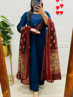 NRI Blue Embroidered Cotton Kurti Set with Dupatta