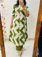 Olive Wave Zigzag Cotton Kurti Pant Set