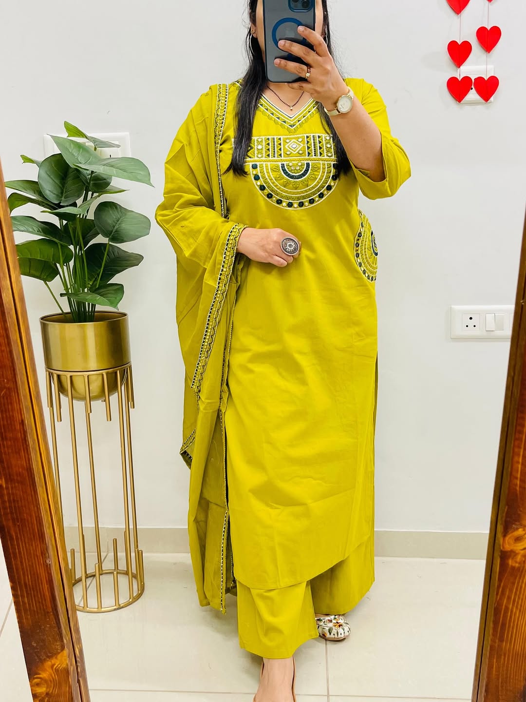 Rust Royale Embroidered Cotton Kurti Pant Dupatta Set