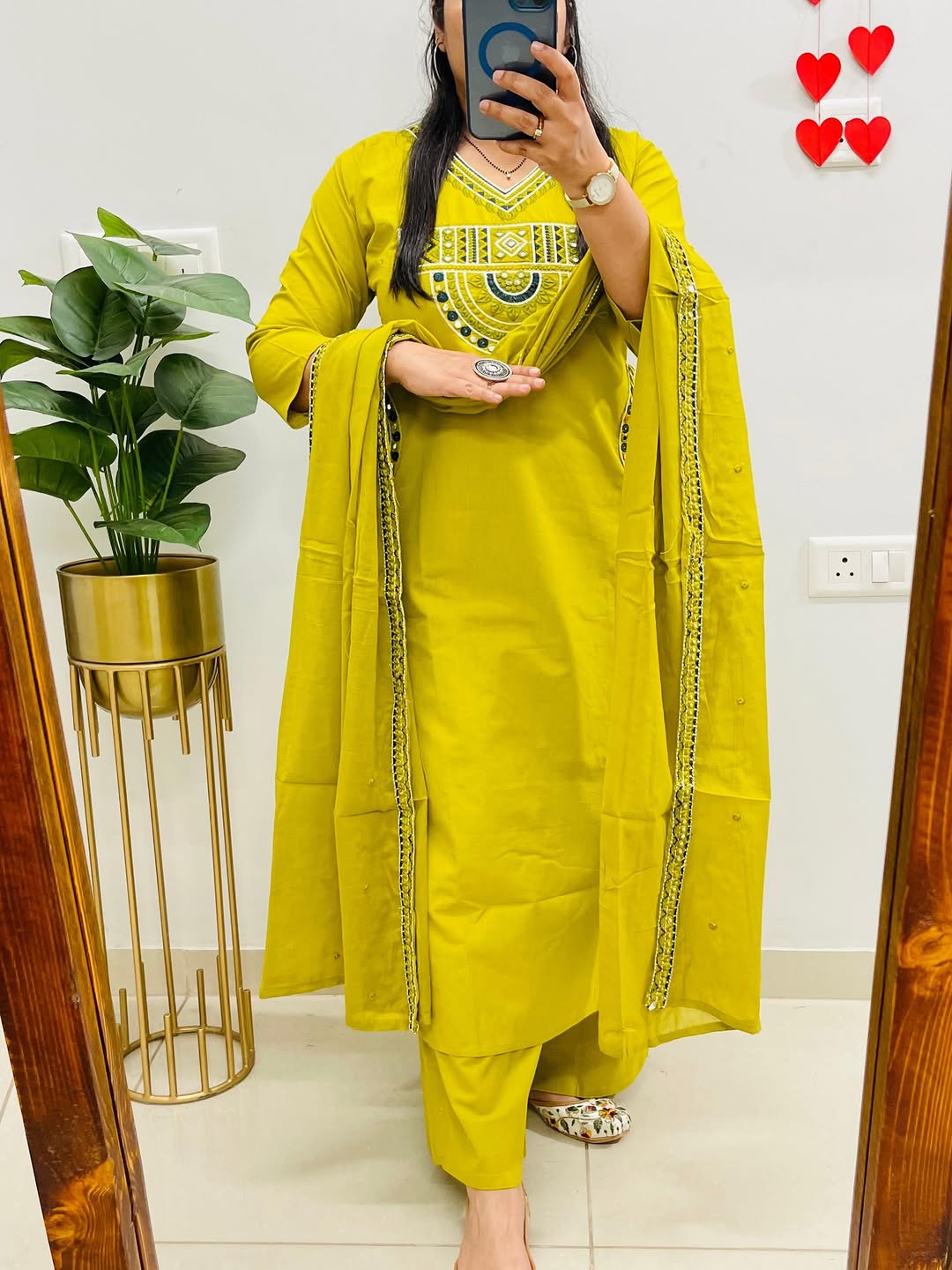 Rust Royale Embroidered Cotton Kurti Pant Dupatta Set