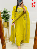 Rust Royale Embroidered Cotton Kurti Pant Dupatta Set
