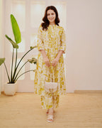 Flora Pintuck A-Line Cotton Kurta Pant Set – Mustard Bloom