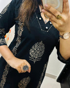 Midnight Bloom Handblock Cotton Kurti Pant Set
