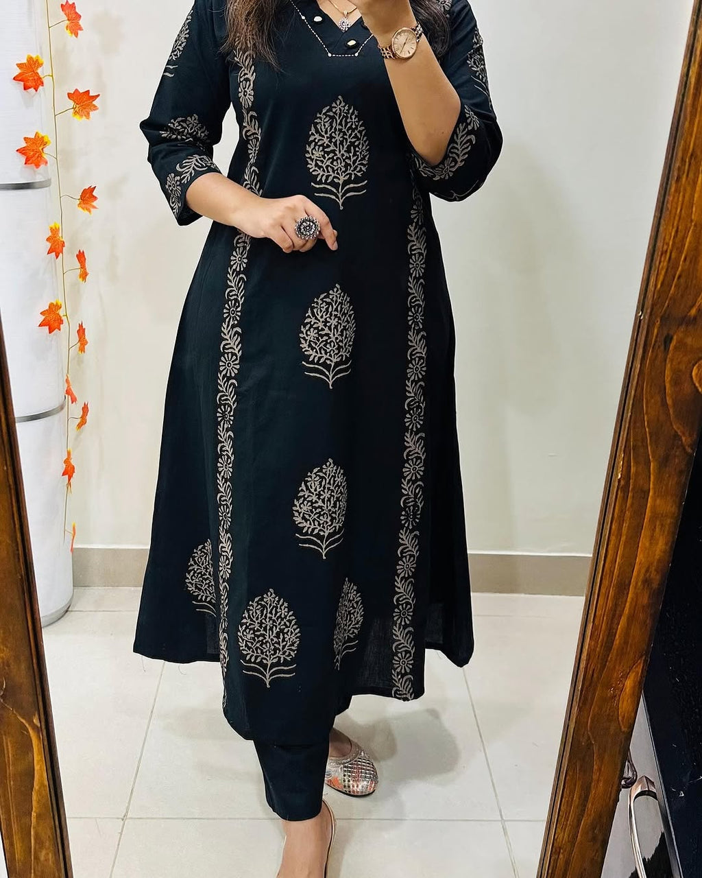 Midnight Bloom Handblock Cotton Kurti Pant Set