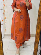 Rust Aura Handblock Cotton Kurti Pant Set