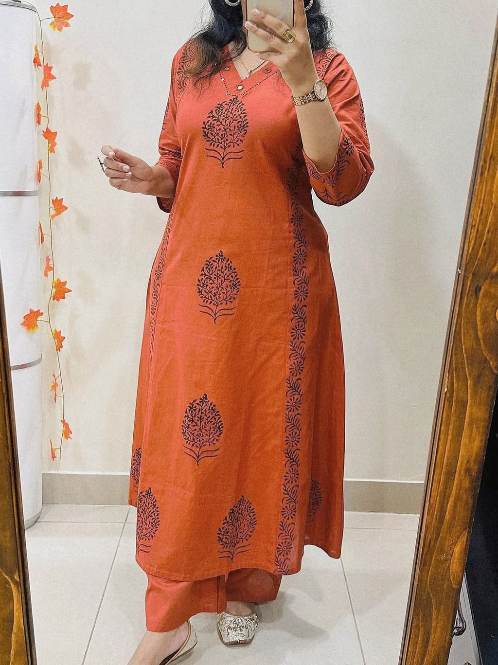 Rust Aura Handblock Cotton Kurti Pant Set