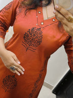Rust Aura Handblock Cotton Kurti Pant Set
