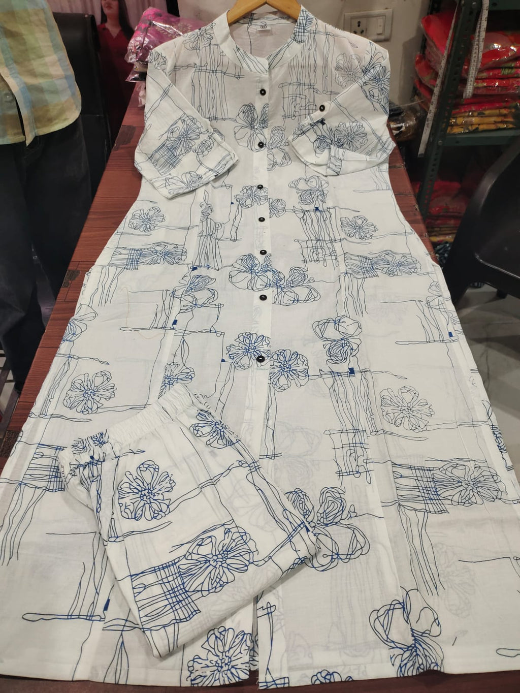 Blue Sketch Floral Cotton Kurti Pant Set