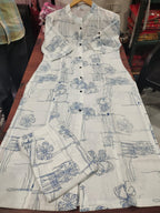 Blue Sketch Floral Cotton Kurti Pant Set