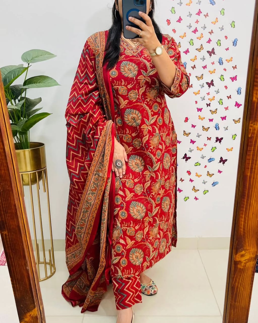 Salim Red Sequin Embellished Cotton Kurti Pant Set
