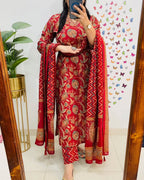 Salim Red Sequin Embellished Cotton Kurti Pant Set