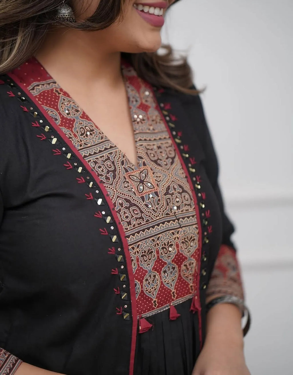 Black & Maroon Ruhani Ajrakh Mirror Work Kurta Set